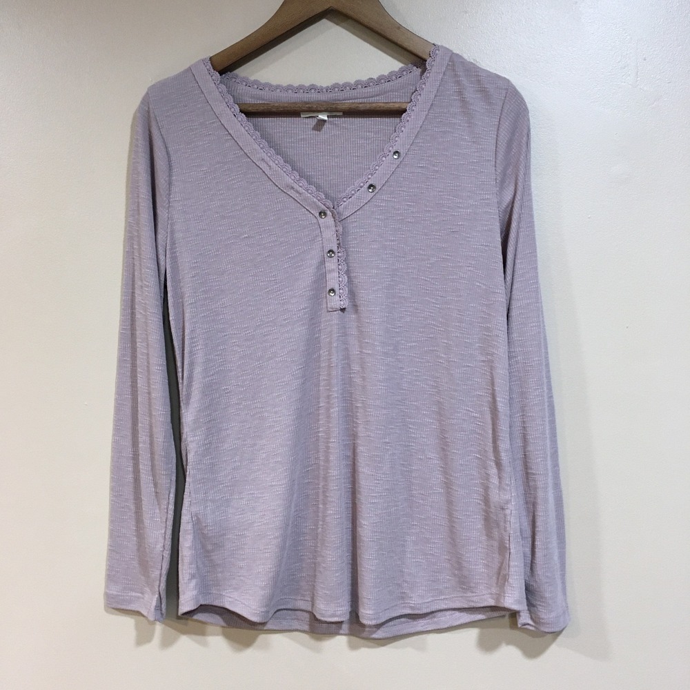 Maurices Lace Trim Henley Long Sleeve Top Womens L Purple Casual Y2K Soft Girl